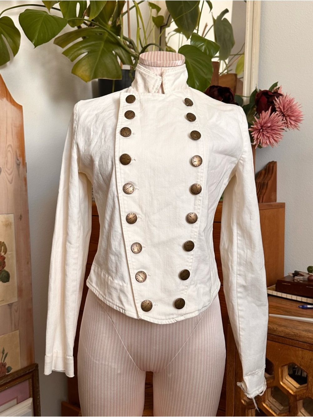Vintage free people Women’s Double-Breasted Military-Style off White Jacket
